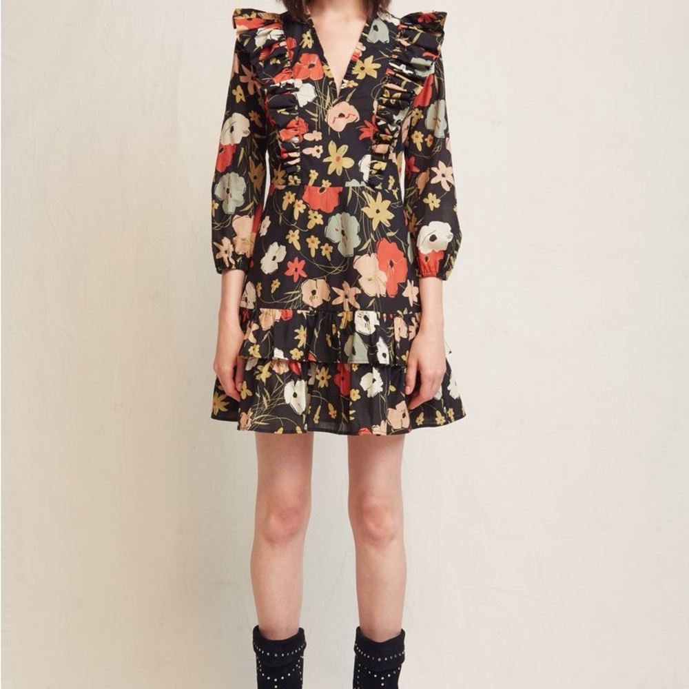 Warm Floral Ruffle Dress - Black, Red, Cream